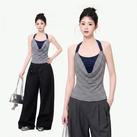 小个子性感拼接条纹挂脖u领吊带背心夏季辣妹修身女上衣 服裝批發女裝批發服飾貨源