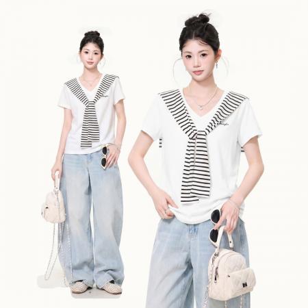 BY25168# 白色v领条纹披肩两件套短袖t恤女夏季设计感气质减龄上衣 服裝批發女裝批發服飾貨源