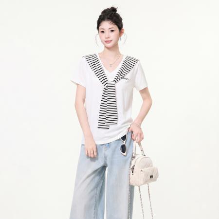 BY25168# 白色v领条纹披肩两件套短袖t恤女夏季设计感气质减龄上衣 服裝批發女裝批發服飾貨源