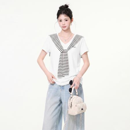 BY25168# 白色v领条纹披肩两件套短袖t恤女夏季设计感气质减龄上衣 服裝批發女裝批發服飾貨源