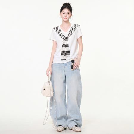 BY25168# 白色v领条纹披肩两件套短袖t恤女夏季设计感气质减龄上衣 服裝批發女裝批發服飾貨源