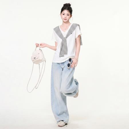 BY25168# 白色v领条纹披肩两件套短袖t恤女夏季设计感气质减龄上衣 服裝批發女裝批發服飾貨源