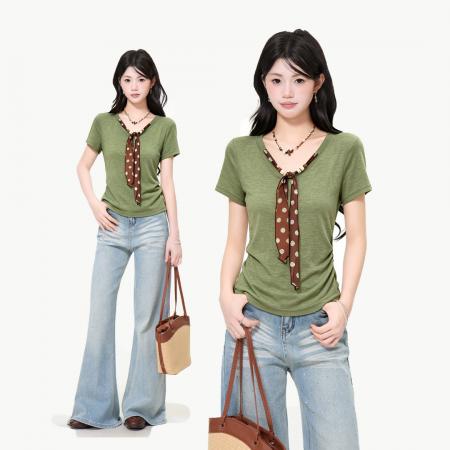 绝美V领正肩飘带设计感短袖T恤女夏季辣妹修身短款上衣 服裝批發女裝批發服飾貨源