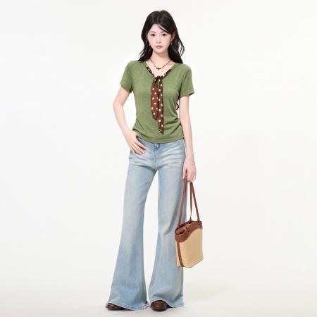 BY25170# 绝美V领正肩飘带设计感短袖T恤女夏季辣妹修身短款上衣 服裝批發女裝批發服飾貨源