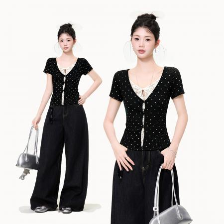 BY25171# 黑色波点假两件蕾丝正肩短袖t恤女韩系修身设计感上衣夏 服裝批發女裝批發服飾貨源