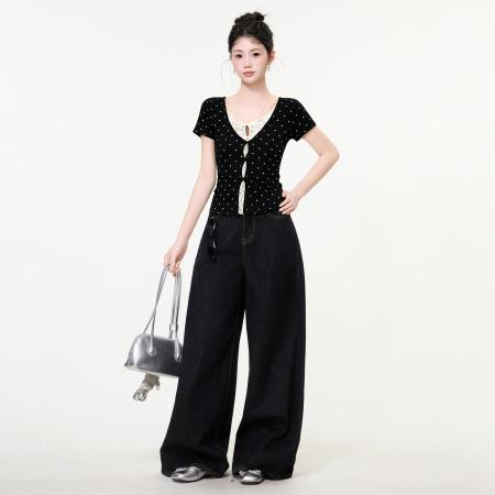 BY25171# 黑色波点假两件蕾丝正肩短袖t恤女韩系修身设计感上衣夏 服裝批發女裝批發服飾貨源