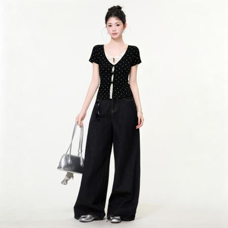 BY25171# 黑色波点假两件蕾丝正肩短袖t恤女韩系修身设计感上衣夏 服裝批發女裝批發服飾貨源