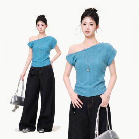 BY25172# 斜肩短袖T恤女夏季收腰显瘦设计感纯欲甜辣妹露肩上衣 服裝批發女裝批發服飾貨源
