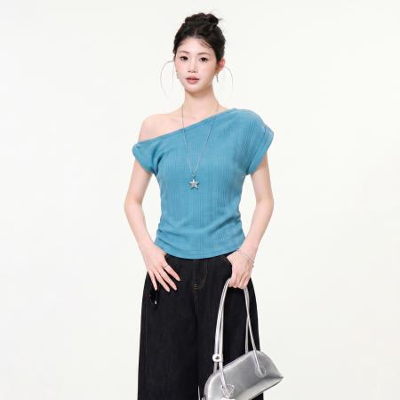 BY25172# 斜肩短袖T恤女夏季收腰显瘦设计感纯欲甜辣妹露肩上衣 服裝批發女裝批發服飾貨源
