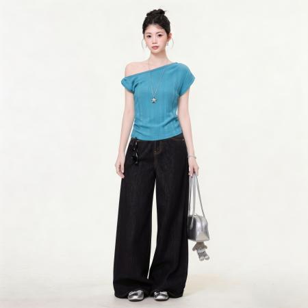 BY25172# 斜肩短袖T恤女夏季收腰显瘦设计感纯欲甜辣妹露肩上衣 服裝批發女裝批發服飾貨源