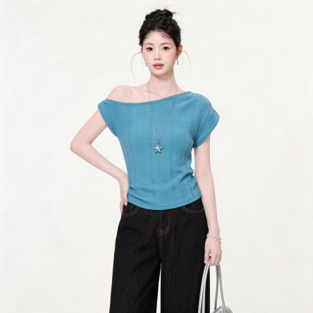 BY25172# 斜肩短袖T恤女夏季收腰显瘦设计感纯欲甜辣妹露肩上衣 服裝批發女裝批發服飾貨源