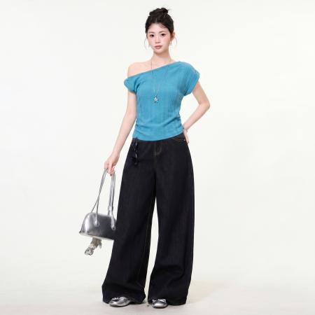 BY25172# 斜肩短袖T恤女夏季收腰显瘦设计感纯欲甜辣妹露肩上衣 服裝批發女裝批發服飾貨源