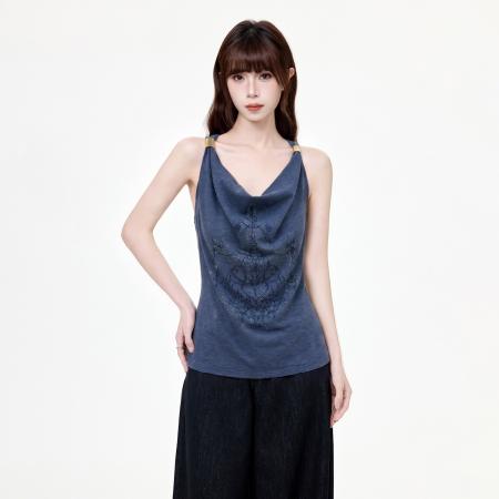BY25173# 复古印花荡领吊带背心女夏季辣妹修身外穿设计无袖上衣 服裝批發女裝批發服飾貨源