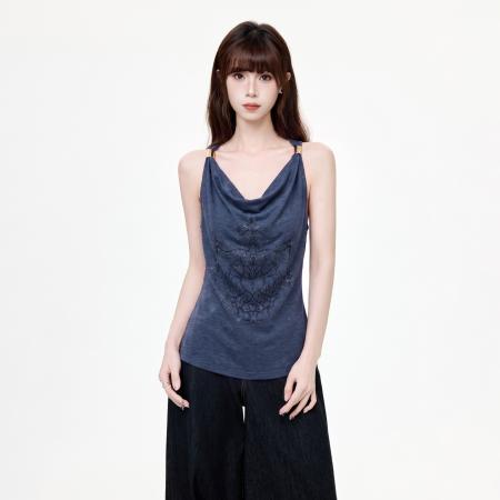 BY25173# 复古印花荡领吊带背心女夏季辣妹修身外穿设计无袖上衣 服裝批發女裝批發服飾貨源