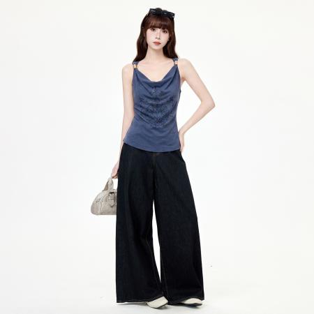 BY25173# 复古印花荡领吊带背心女夏季辣妹修身外穿设计无袖上衣 服裝批發女裝批發服飾貨源
