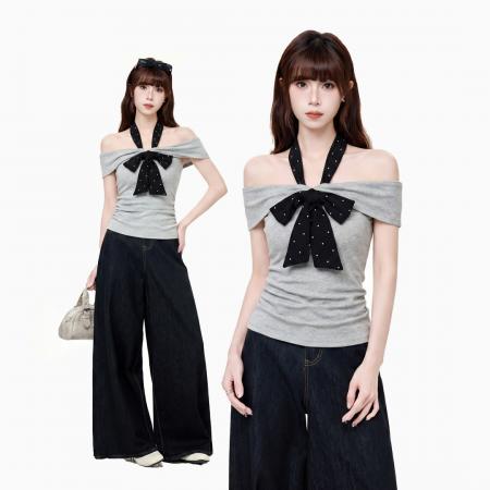 法式波点挂脖一字肩露肩纯棉短袖t恤女夏设计感修身上衣 服裝批發女裝批發服飾貨源