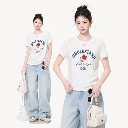韩系白色字母印花圆领正肩短袖T恤女夏新款修身显瘦上衣 服裝批發女裝批發服飾貨源