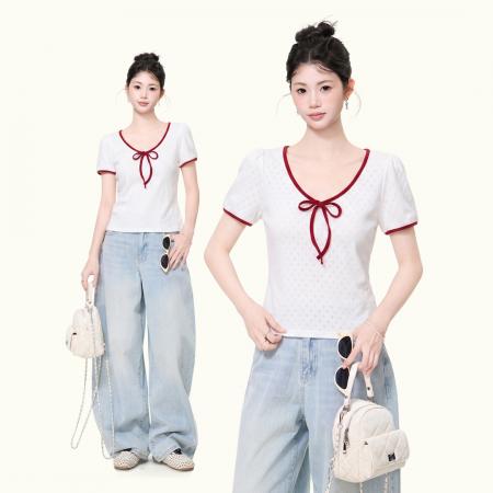 小众撞色V领短袖T恤女夏季洋气修身小衫设计感慵懒上衣 服裝批發女裝批發服飾貨源
