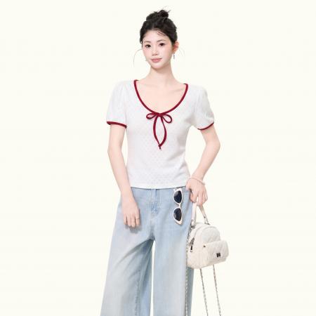 BY25178# 小众撞色V领短袖T恤女夏季洋气修身小衫设计感慵懒上衣 服裝批發女裝批發服飾貨源