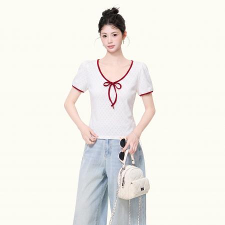 BY25178# 小众撞色V领短袖T恤女夏季洋气修身小衫设计感慵懒上衣 服裝批發女裝批發服飾貨源