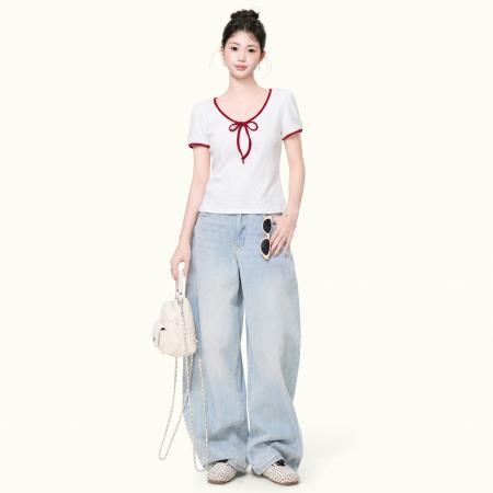 BY25178# 小众撞色V领短袖T恤女夏季洋气修身小衫设计感慵懒上衣 服裝批發女裝批發服飾貨源