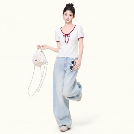 BY25178# 小众撞色V领短袖T恤女夏季洋气修身小衫设计感慵懒上衣 服裝批發女裝批發服飾貨源
