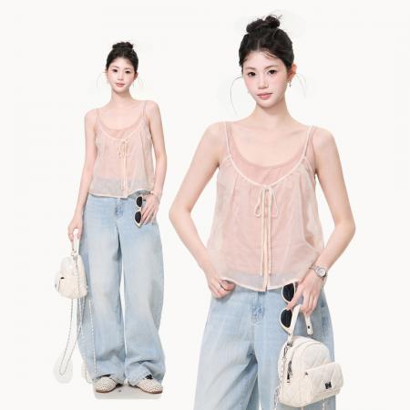 BY25179# 粉色假两件网纱吊带背心女夏季外穿美背露肩系带小衫上衣 服裝批發女裝批發服飾貨源