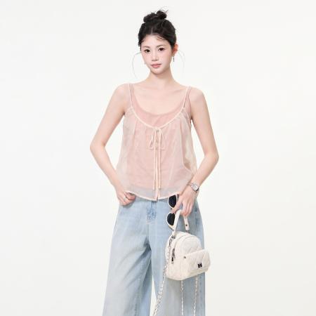BY25179# 粉色假两件网纱吊带背心女夏季外穿美背露肩系带小衫上衣 服裝批發女裝批發服飾貨源