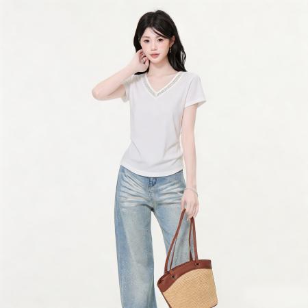BY25180# 众白色V领镂空设计短袖T恤女夏季新款正肩修身显瘦上衣 服裝批發女裝批發服飾貨源