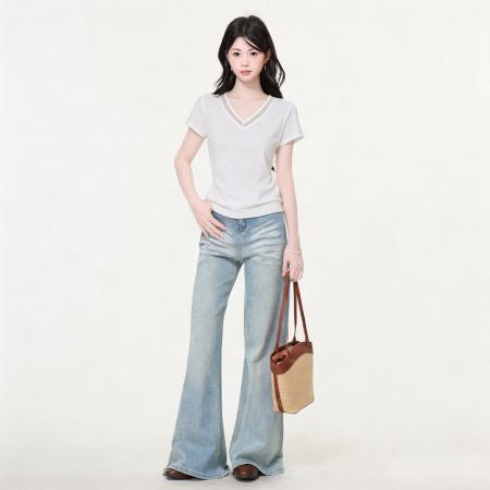 BY25180# 众白色V领镂空设计短袖T恤女夏季新款正肩修身显瘦上衣 服裝批發女裝批發服飾貨源