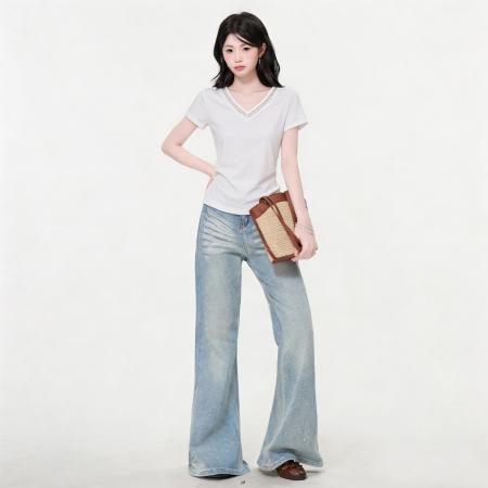 BY25180# 众白色V领镂空设计短袖T恤女夏季新款正肩修身显瘦上衣 服裝批發女裝批發服飾貨源