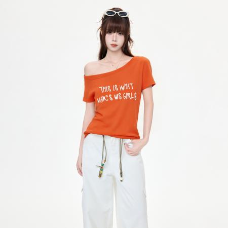 BY25181# 多巴胺橘色字母印花短袖T恤女夏季新款宽松显瘦辣妹上衣 服裝批發女裝批發服飾貨源