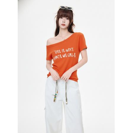 BY25181# 多巴胺橘色字母印花短袖T恤女夏季新款宽松显瘦辣妹上衣 服裝批發女裝批發服飾貨源