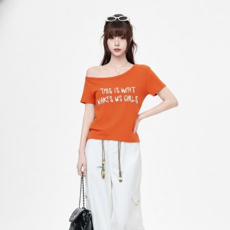 BY25181# 多巴胺橘色字母印花短袖T恤女夏季新款宽松显瘦辣妹上衣 服裝批發女裝批發服飾貨源