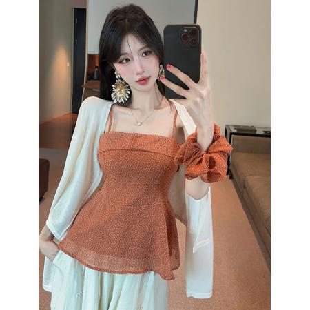 BY25182# 气质波点雪纺吊带+纯色防晒衫+波点发圈三件套 服裝批發女裝批發服飾貨源