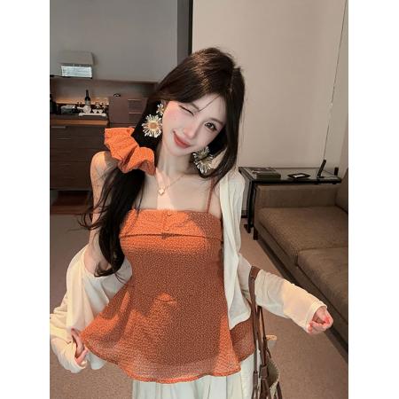 BY25182# 气质波点雪纺吊带+纯色防晒衫+波点发圈三件套 服裝批發女裝批發服飾貨源