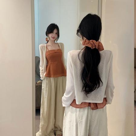 BY25182# 气质波点雪纺吊带+纯色防晒衫+波点发圈三件套 服裝批發女裝批發服飾貨源