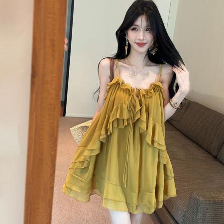BY25184# 气质重工吊带荷叶边不规则连衣裙女 服裝批發女裝批發服飾貨源