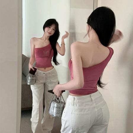BY25185# 辣妹渐变色吊染烫钻斜肩短款上衣女背心 服裝批發女裝批發服飾貨源