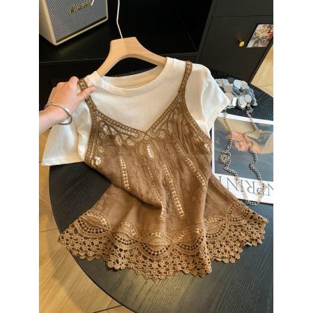 纯欲宽松复古显瘦蕾丝花边吊带搭圆领t恤女夏时尚宽松韩系两件套 服裝批發女裝批發服飾貨源