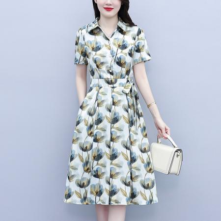 夏季新款时尚短袖连衣裙女气质收腰显瘦洋气印花减龄裙子 服裝批發女裝批發服飾貨源