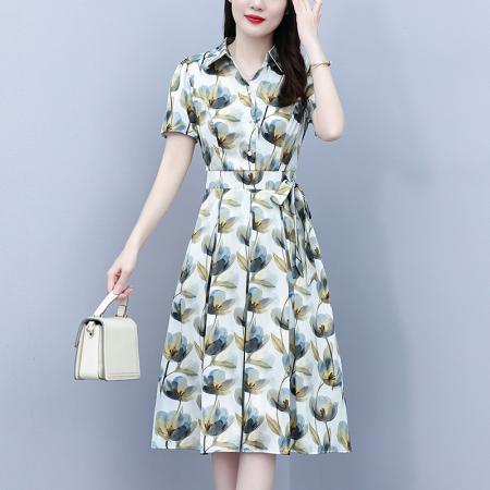 BY25195# 夏季新款时尚短袖连衣裙女气质收腰显瘦洋气印花减龄裙子 服裝批發女裝批發服飾貨源