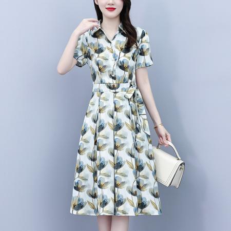 BY25195# 夏季新款时尚短袖连衣裙女气质收腰显瘦洋气印花减龄裙子 服裝批發女裝批發服飾貨源