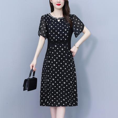 高档减龄短袖连衣裙夏季新款女百搭修身法式小香风中长款裙子 服裝批發女裝批發服飾貨源