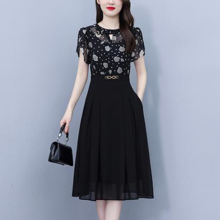 高端时尚轻奢高级感印花拼接假两件打底裙女收腰显气质优雅连衣裙 服裝批發女裝批發服飾貨源