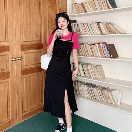 BY25207# 大码微胖MM气质两件套连衣裙女夏褶皱显瘦短裙法式收腰开叉长裙子 服裝批發女裝批發服飾貨源