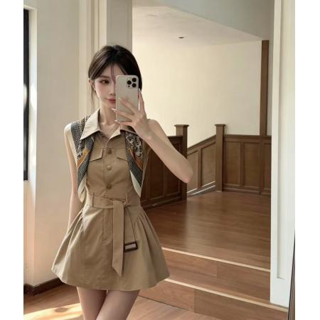 BY25210# 法式无袖卡其色工装连衣裙子女夏新款绝美不撞款收腰背心裙 服裝批發女裝批發服飾貨源
