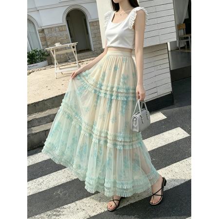 BY25212# 春夏复古印花大摆网纱半身裙仙女裙炸街潮女A字裙长裙子 服裝批發女裝批發服飾貨源