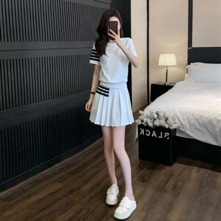 BY25233# 夏天小个子穿搭一整套时尚休闲减龄洋气运动风百褶裙子两件套装女 服裝批發女裝批發服飾貨源