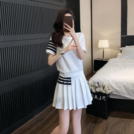 BY25233# 夏天小个子穿搭一整套时尚休闲减龄洋气运动风百褶裙子两件套装女 服裝批發女裝批發服飾貨源